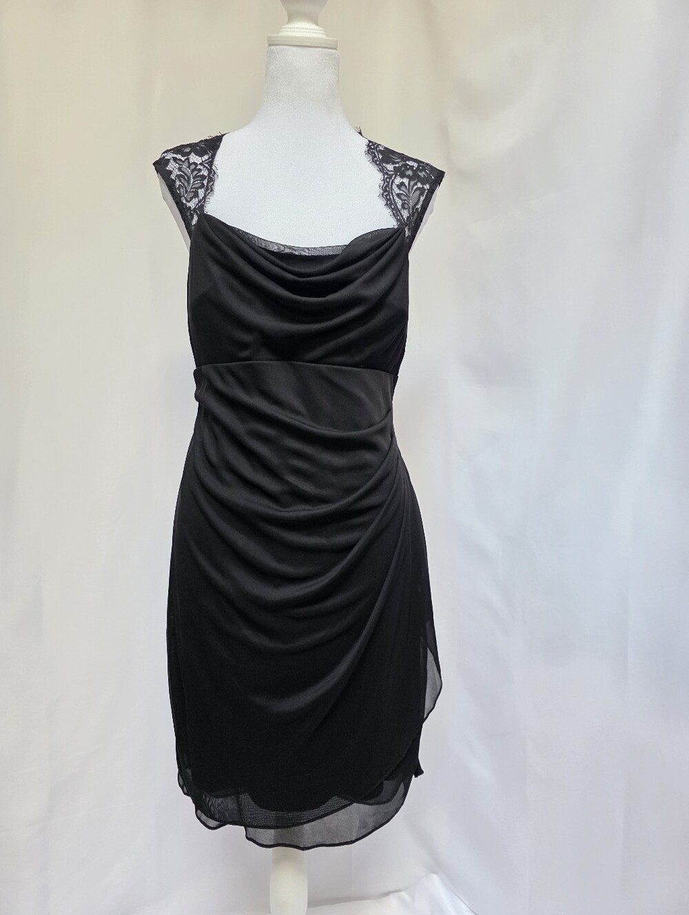 Dressbarn Black Lace Cowl Neck Ruched Cocktail Dress Petite 16P
